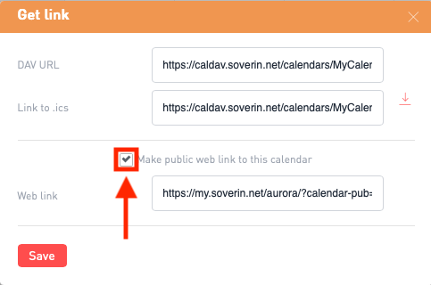 Check the box ‘Create public web link to this calendar’